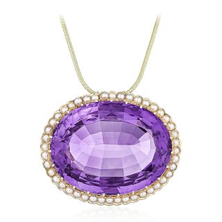 Amethyst and Pearl Pendant with Gold Chain