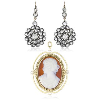 Group of Diamond Earrings and Cameo Pearl Gold Brooch