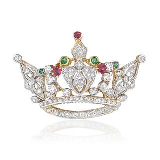 Vintage Emerald Ruby and Diamond Crown Brooch/Pendant