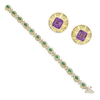 Group of Emerald Diamond Bracelet and Amethyst Earrings