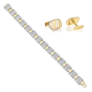 Group of Diamond Bracelet and Gold Cufflinks