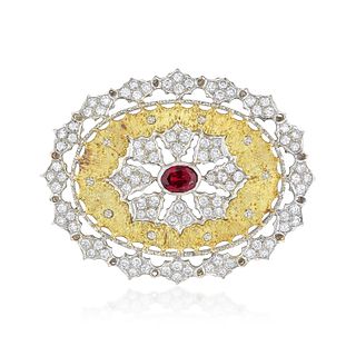 Ruby and Diamond Brooch, GIA Certified