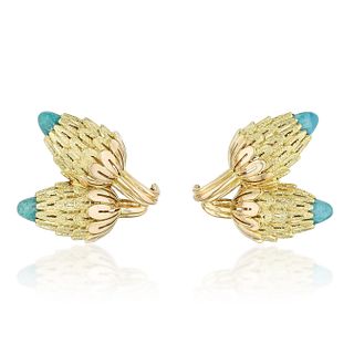 Acorn Turquoise Gold Earclips, French