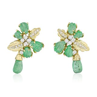 Carved Emerald and Diamond Earrings