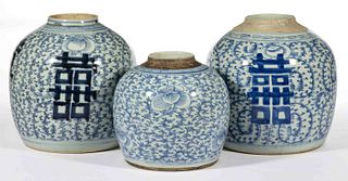 CHINESE EXPORT PORCELAIN BLUE AND WHITE GINGER JARS, LOT OF THREE
