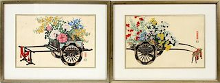 JAPANESE WOOD CUTS COLOR FLOWER WAGONS TWO
