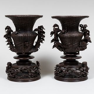 Pair of Japanese Bronze Basketweave Urns on Stands