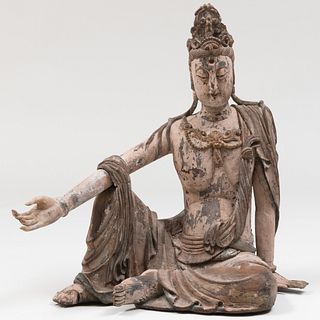 Large Chinese Polychromed Wood Figure of Water Moon Guanyin