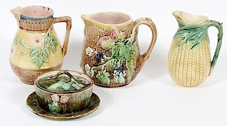 MAJOLICA BUTTER TUB AND TWO WATER PITCHERS 19TH.C.