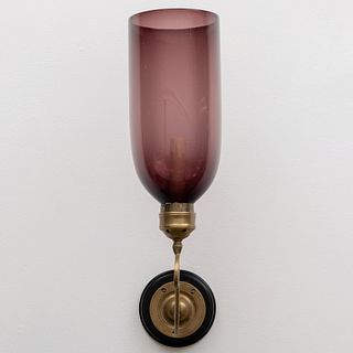 Pair of Brass Sconces with a Pair of Amethyst Glass Shades