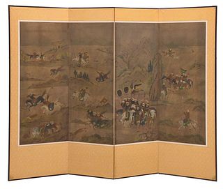Chinese Four Panel Painted Floor Screen 