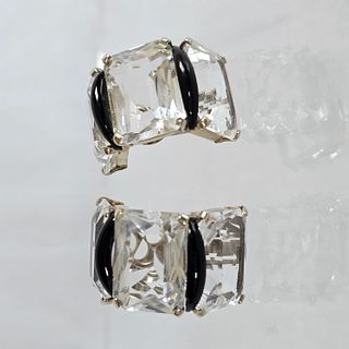 Pair of Rock Crystal, Onyx, 14k White Gold Ear Clips 