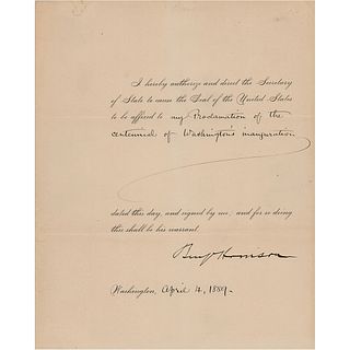 Benjamin Harrison Document Signed as President on the Centennial of George Washington&#39;s Inauguration