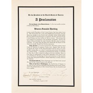Calvin Coolidge Signed Broadside as President on Death of Warren G. Harding: "The nation has lost a wise and enlightened statesman"