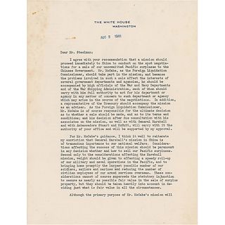 Harry S. Truman Typed Letter Signed as President to Chief of Staff on China Negotiations