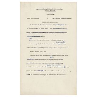Dwight D. Eisenhower Hand-Corrected Speech as President for Nixon&#39;s Candidacy