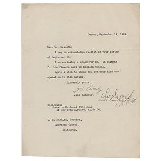 John F. Kennedy Typed Letter Signed on Memorial for a WWII Airman Killed While in Active Service with the Royal Air Force on September 8, 1939