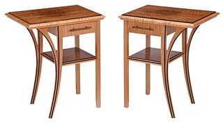 Pair of Wendy Stayman Ebony Inlaid Figured Maple and Black Bean End Tables