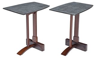 Pair of Joseph Tracy Galvanized Metal and Tropical Hardwood Side Tables