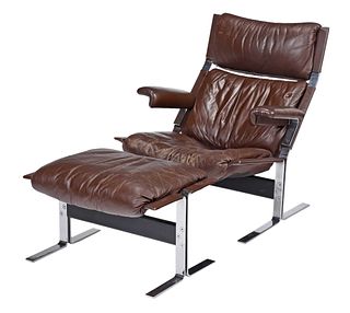 Modern Chocolate Leather and Chrome Lounge Chair and Ottoman