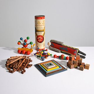 Nancy Camden Folk Art Doll, Vintage "Makit Toy", 14 Alphabet Blocks, Assorted Play Logs & 4 Vintage Wooden Toys