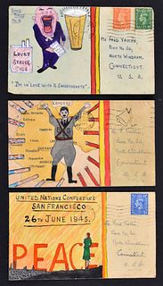 3 Hand-painted Wartime Folk Art Envelopes, 1940s