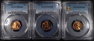 1955-D,S & 1956 LINCOLN CENTS PCGS MS-66 RD