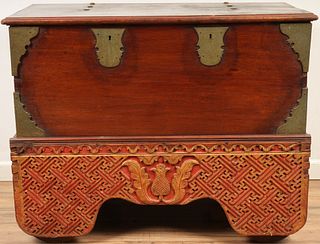 Chinese Brass Mounted and Carved Storage Chest