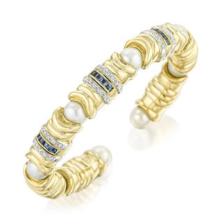 Pearl Sapphire and Diamond Gold Bangle Bracelet