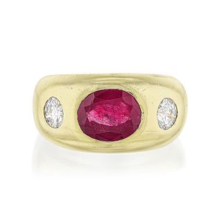 Synthetic Ruby and Diamond Gold Ring