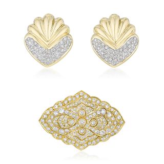 Group of One Pair of Diamond Gold Earrings and One Diamond Gold Brooch
