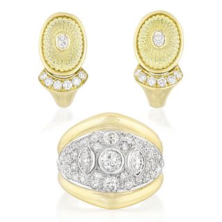 One Pair of Rock Crystal and Diamond Earclips and Diamond Ring