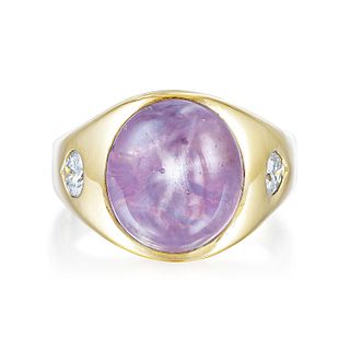Purple Star Sapphire Cabochon and Diamond Men's Ring