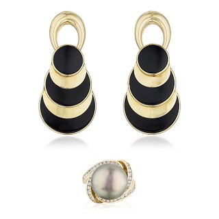 Group of Onyx Gold Earring and Pearl and Diamond Ring