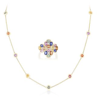 Group of Multi-Colored Sapphire Necklace and Ring