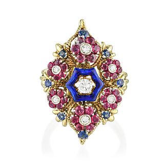 Ruby Sapphire and Diamond Enamel Gold Ring