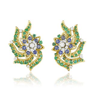 Sapphire Emerald and Diamond Flare Earrings
