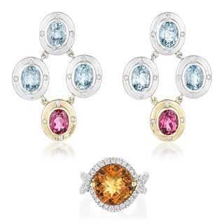 Group of One Citrine Diamond Ring and One Pair of Aquamarine and Rubellite Earrings