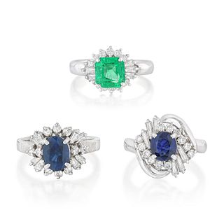 Two Sapphire and Diamond Rings and One Emerald and Diamond Ring