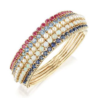 Ruby Sapphire Opal Gold Bangle Bracelet