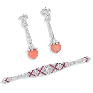 Group of Ruby and Diamond Bar Pin and Coral and Diamond Earrings