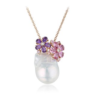 Cultured Baroque Pearl and Multi Gemstone Pendant Necklace