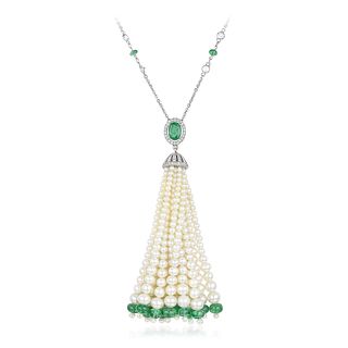 Pearl Emerald and Diamond Tassel Necklace