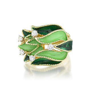 Green Enamel and Diamond Ring