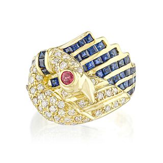 Sapphire and Diamond Bird Gold Ring