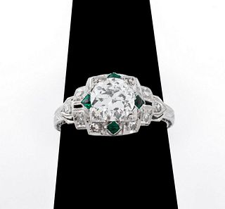 Art Deco Period Platinum Diamond & Emerald Ring