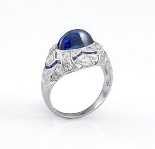 Art Deco Platinum Diamond Blue Sapphire Ring