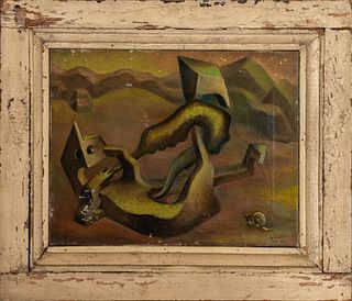 Bob Rainey "Cat" Surrealist Oil on Canvas, 1937