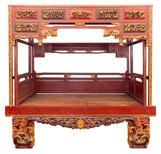 Chinese Qing Polychromed and Gilt Marriage Bed