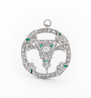 14K White Gold Diamond Emerald Pin Pendant